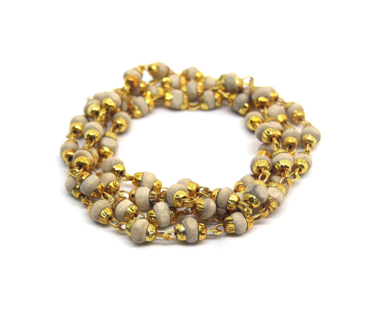 DSC04508 copy White Tulsi Mala In Brass Golden Self Design Caps